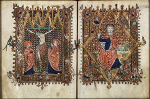 The Crucifixion, with Mary and St. John, angels holding sun and moon; Ecclesia and Synagogue; a chalice below Christ's feet catches his blood