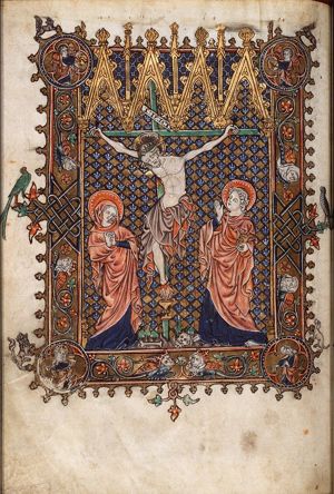 The Crucifixion, with Mary and St. John, angels holding sun and moon; Ecclesia and Synagogue; a chalice below Christ's feet catches his blood