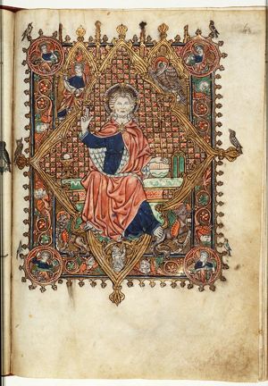 Majestas Domini: Christ enthroned with the four Evangelists and their symbols; Johannes de Marchello