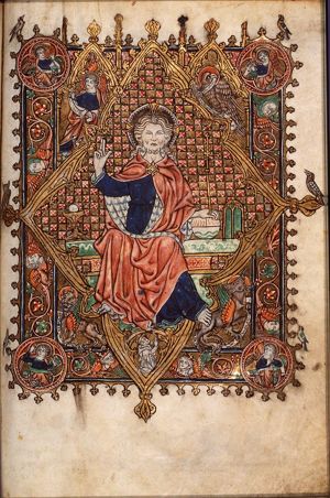 Majestas Domini: Christ enthroned with the four Evangelists and their symbols; Johannes de Marchello