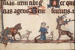 The conversion of St. Hubert of Liège: he is kneeling in front of a stag bearing the face of Christ between its antlers