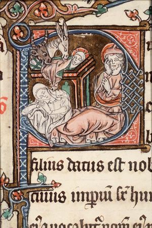 The Nativity: the Christ-child in the manger, Mary lies in bed, St. Joseph sits