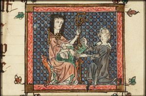 Petrus de Raimbaucourt presents the manuscript to Abbot Johannes de Marchello