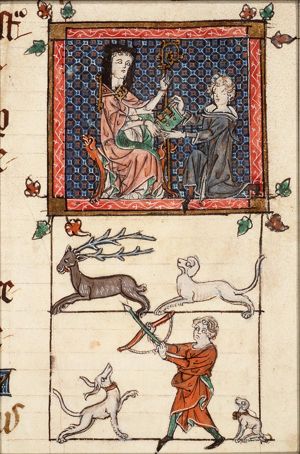 Petrus de Raimbaucourt presents the manuscript to Abbot Johannes de Marchello