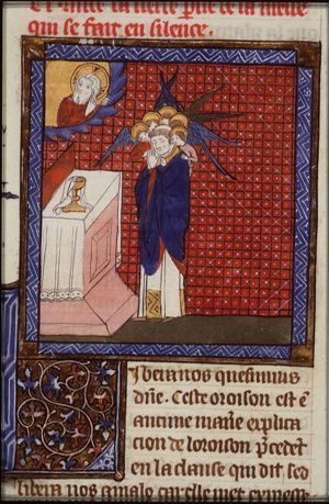 A priest praying, with angels and God the Father