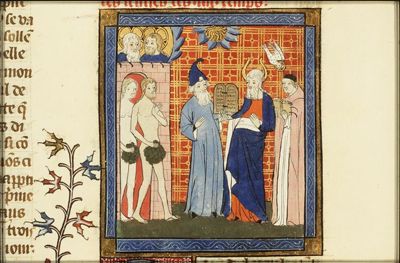 Four world epochs: Adam and Eve; Moses and Aaron with the tables of the law; Holy Spirit descending upon a priest; Christ and God the Father