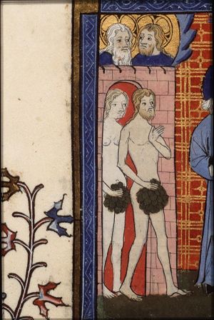 Four world epochs: Adam and Eve; Moses and Aaron with the tables of the law; Holy Spirit descending upon a priest; Christ and God the Father
