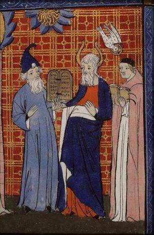 Four world epochs: Adam and Eve; Moses and Aaron with the tables of the law; Holy Spirit descending upon a priest; Christ and God the Father
