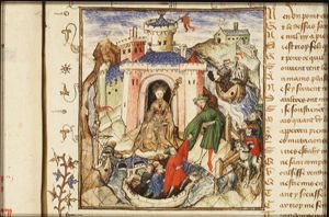 Wealth before Fortune's castle; Eur (Happiness) welcomes newcomers