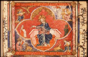 Majestas Domini: Christ enthroned with the four Evangelists and their symbols