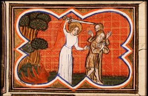 Expulsion of Adam and Eve from paradise by an angel with a (flaming) sword