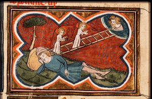 The dream of Jacob: while sleeping on the ground with a stone for pillow Jacob sees a ladder reaching from earth to heaven, angels ascending, God at the top of the ladder