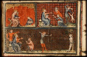 The judgement of Solomon: Solomon gives verdict; he commands a soldier to divide the living child in two; the true mother objects