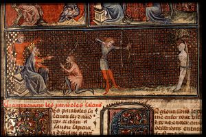 The judgement of Solomon over the sons: man shooting at his father's corpse