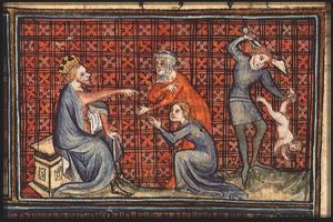The judgement of Solomon: Solomon gives verdict; he commands a soldier to divide the living child in two; the true mother objects