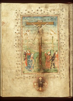 The Crucifixion, with Mary and St. John, the two malefactors, Longinus piercing Christ's side with a lance, the confessing centurion and soldiers