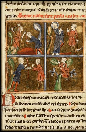 Cain and Abel farming; Cain slays Abel (1st of 4)