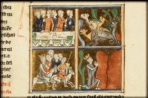 Alexander and his army at the table in his camp pointing at the dragons and monsters (1st and 2nd of 4)