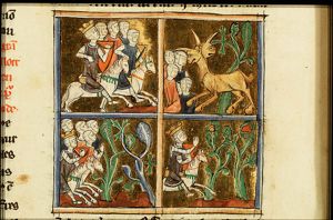 Alexander the Great rides at the head of his army against the two-headed monster; several victims lie dead at its feet (1st and 2nd of 4)
