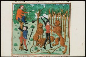 Hercules fights three lions