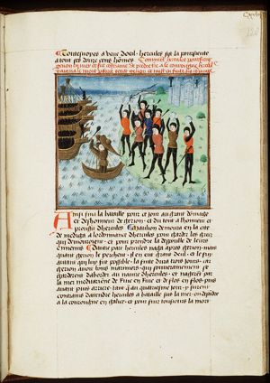 Geryon's warriors throw stones at Hercules