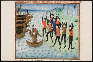 Geryon's warriors throw stones at Hercules