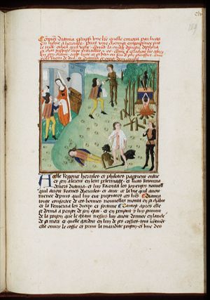 Deianira gives Lichas the poisoned shirt; Lichas brings the poisoned shirt to Hercules; Hercules kills Lichas; the death of Hercules