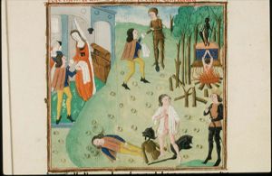 Deianira gives Lichas the poisoned shirt; Lichas brings the poisoned shirt to Hercules; Hercules kills Lichas; the death of Hercules