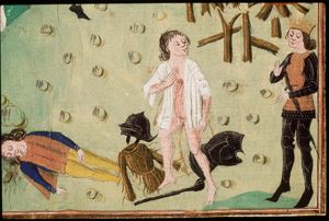 Deianira gives Lichas the poisoned shirt; Lichas brings the poisoned shirt to Hercules; Hercules kills Lichas; the death of Hercules