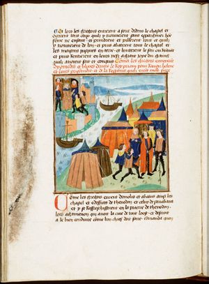The Greek send Diomedes and Ulysses to Priam to get Helen back; Diomedes and Ulysses before Priam (background)
