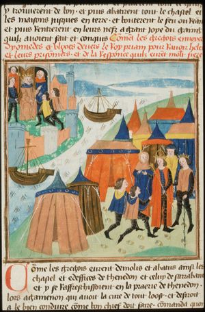 The Greek send Diomedes and Ulysses to Priam to get Helen back; Diomedes and Ulysses before Priam (background)