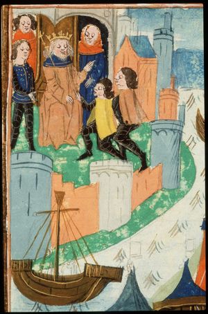 The Greek send Diomedes and Ulysses to Priam to get Helen back; Diomedes and Ulysses before Priam (background)