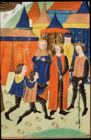 The Greek send Diomedes and Ulysses to Priam to get Helen back; Diomedes and Ulysses before Priam (background)