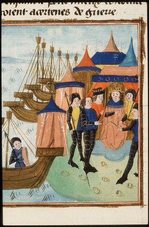 Achilles and Telephus kill Teuthras, king of Mysia; Agamemnon assembles his army commanders