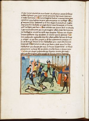 Battle between the Greeks and the Trojans; the Trojans set the Greek ships on fire
