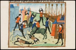 Battle between the Greeks and the Trojans; the Trojans set the Greek ships on fire