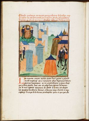 Aeneas and Antenor betray Troy; Priam and his court; the Greeks deliberate over a ruse to capture Troy