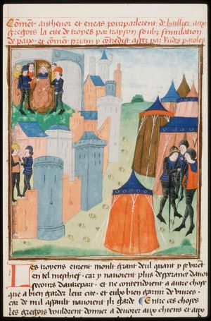 Aeneas and Antenor betray Troy; Priam and his court; the Greeks deliberate over a ruse to capture Troy