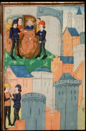 Aeneas and Antenor betray Troy; Priam and his court; the Greeks deliberate over a ruse to capture Troy