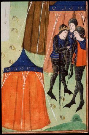Aeneas and Antenor betray Troy; Priam and his court; the Greeks deliberate over a ruse to capture Troy