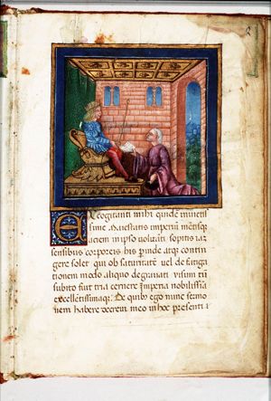 Petrus Maynardus Veronensis presents his 'Opusculum de triplici Imperio' to emperor Maximilian