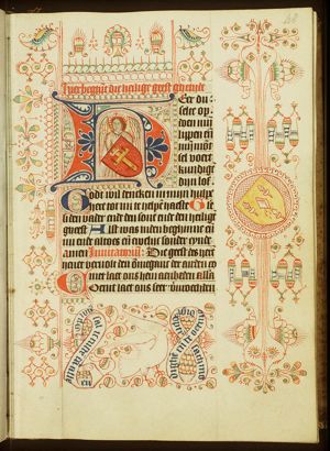 An angel holding a coat of arms with Instruments of the Passion: coat of arms with the cross with three nails