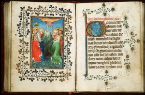 The Ascension: Christ ascends into heaven above Mary and the apostles, leaving his footprints on the Mount of Olives