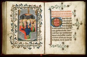 Pentecost: the Holy Spirit descends upon Mary and the apostles