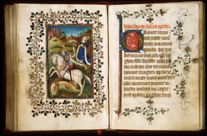 St. George on horseback fighting the dragon, stabbing it with his lance; the princess nearby, praying