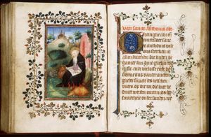 St. Antony Abbot of Egypt sitting on flames and holding a book, with a pig and a lion