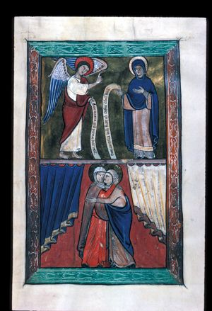Mary, standing to the right, her left hand in front of her chest and an inscribed scroll in her right, is visited by Gabriel, holding an inscribed scroll in his left, stretching his right hand forward in a gesture of speech.