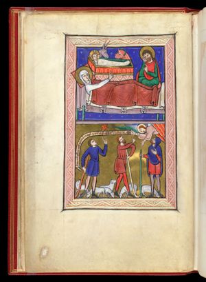 Mary reclining in bed, her right arm stretched forward in a gesture of speech; Joseph seated at her feet to the right, resting his head in his right hand, holding his left hand in front of his chest, making a speaking gesture; the Christ-child in the manger (on an altar?) - with the ox and ass - behind Mary's bed.