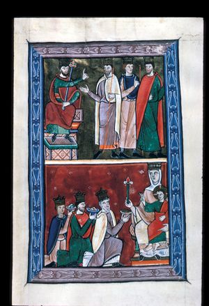 king Herod, seated in front view, holding a sceptre in his left hand, stretches his right arm forward, making a speaking gesture to the Magi, all of them holding a staff, on his left; the foremost of them stretches his right arm forward with palm in front view; the other two seem to be walking away to the right; the central one raising his right hand in speech gesture, the third one turning his head back to his right.