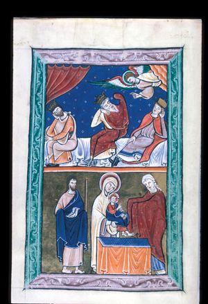 the three wise men, sitting with their head resting in their hand, two of them asleep, the third looking up with one eye, and raising his covered left hand, are warned in a dream, by a flying angel who appears from a cloud and stretches his right hand forward in speaking, not to return to Herod; curtain.